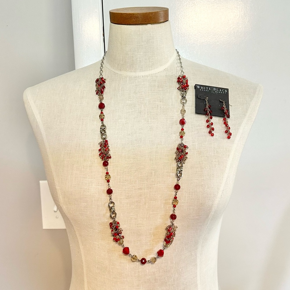 WHBM 30” red cluster and silver link necklace & matching dangle earrings bundle